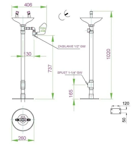 Аварийная раковина для промывки глаз Nofer 26 SC320 с рычагом цвет Зеленый