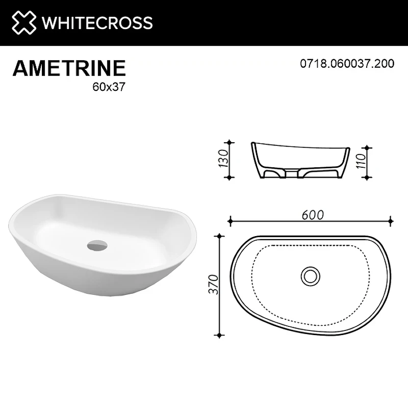 Раковина-чаша Whitecross Ametrine 60 0718.060037.200 Белая матовая искусственный камень (литьевой мрамор) накладная