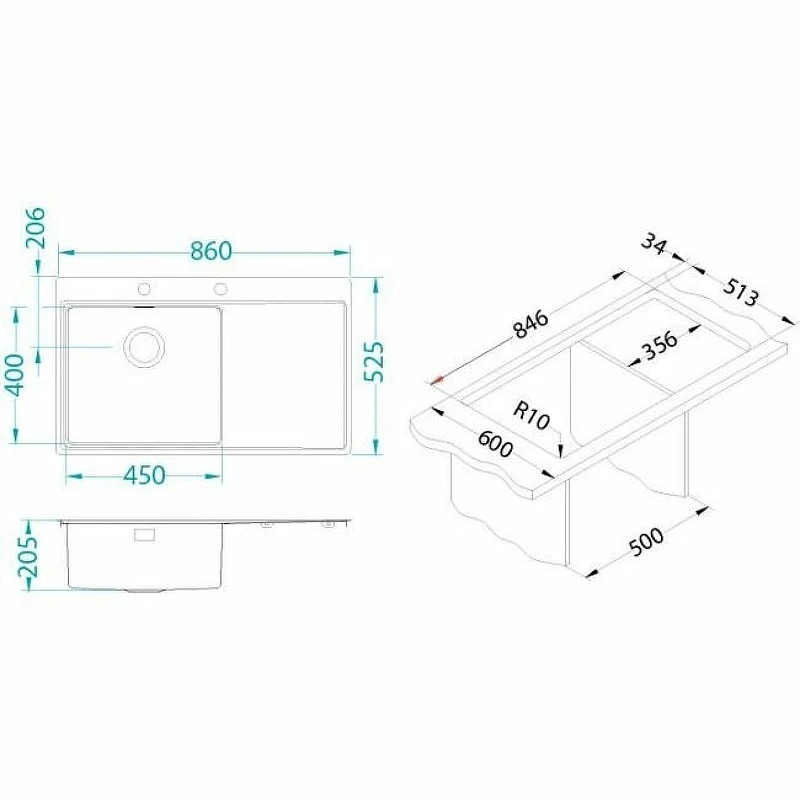 Кухонная мойка Alveus Pure 50R KMB-90 860x525 1103653 Брашированная сталь нержавеющая сталь встраиваемый