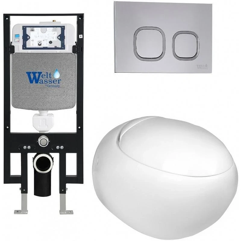 Комплект унитаза с инсталляцией WeltWasser AMBERG 497 + JECKENBACH 004 GL-WT + AMBERG RD-CR 10000006624 цвет Белый глянцевый с сиденьем Микролифт и клавишей смыва цвет Хром