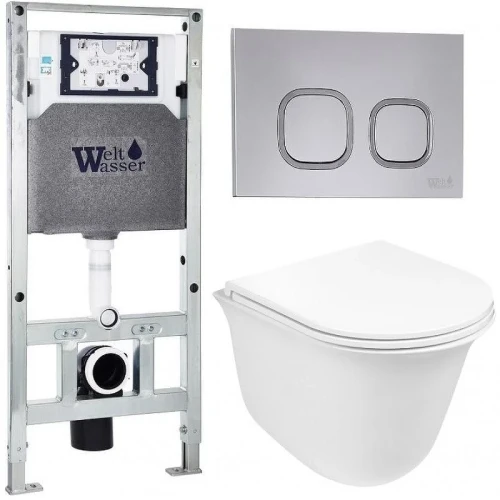 Комплект унитаза с инсталляцией WeltWasser AMBERG 506 ST + TELBACH 004 GL-WT + AMBERG RD-CR 10000006940 цвет Белый глянцевый с сиденьем Микролифт и клавишей смыва цвет Хром