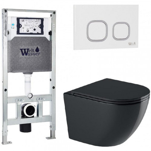 Комплект унитаза с инсталляцией WeltWasser AMBERG 506 ST + MERZBACH 041 XL MT-BL + AMBERG RD-WT 10000010946 цвет Черный матовый с сиденьем Микролифт и клавишей смыва цвет Белый