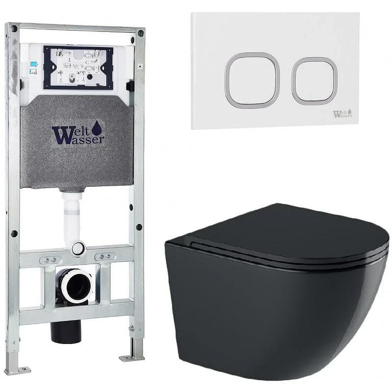 Комплект унитаза с инсталляцией WeltWasser AMBERG 506 ST + MERZBACH 041 XL MT-BL + AMBERG RD-WT 10000010946 цвет Черный матовый с сиденьем Микролифт и клавишей смыва цвет Белый