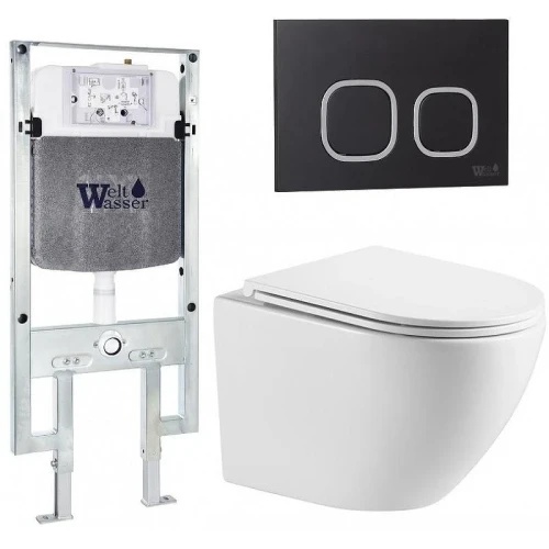 Комплект унитаза с инсталляцией WeltWasser AMBERG 497 ST + MERZBACH 043 MT-WT + AMBERG RD-BL 10000011415 цвет Белый матовый с сиденьем Микролифт и клавишей смыва цвет Черный