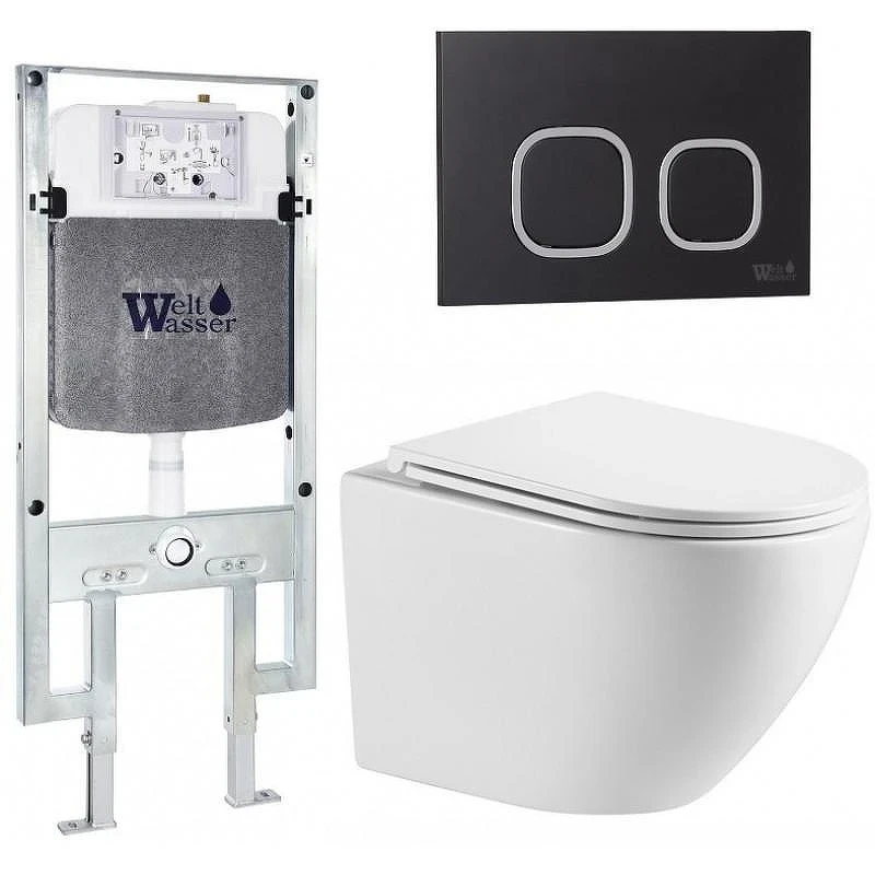 Комплект унитаза с инсталляцией WeltWasser AMBERG 497 ST + MERZBACH 043 MT-WT + AMBERG RD-BL 10000011415 цвет Белый матовый с сиденьем Микролифт и клавишей смыва цвет Черный