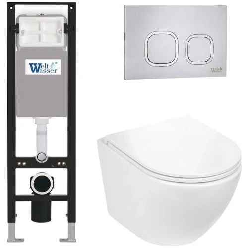 Комплект унитаза с инсталляцией WeltWasser AMBERG 350 + MERZBACH 043 GL-WT + AMBERG RD-MT CR 10000012376 цвет Белый глянцевый с сиденьем Микролифт и клавишей смыва цвет Хром матовый
