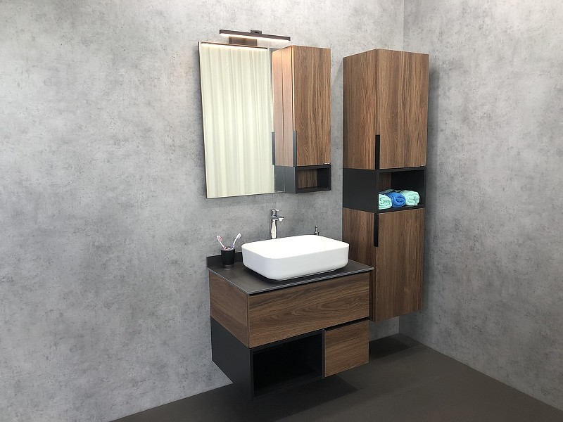 Тумба с раковиной Comforty Штутгарт 75 00-00001884 подвесная Дуб темно-коричневый Черная столешница МДФ / ЛДСП