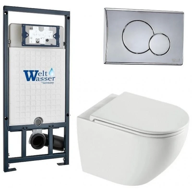 Комплект унитаза с инсталляцией WeltWasser MARBERG 507 + MERZBACH 043 XL GL-WT + MAR 507 RD-CR 10000013807 цвет Белый глянцевый с сиденьем Микролифт и клавишей смыва цвет Хром