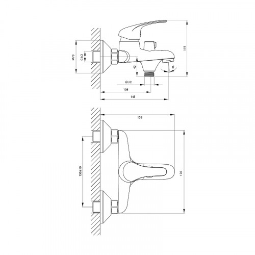 Смеситель для ванны Rossinka A35-30 Хром латунь на стену