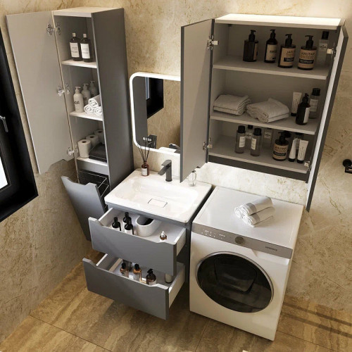 Шкаф пенал Style Line Марелла 30 L Люкс Plus СС-00002444 с бельевой корзиной Серый матовый антискрейтч МДФ / ЛДСП