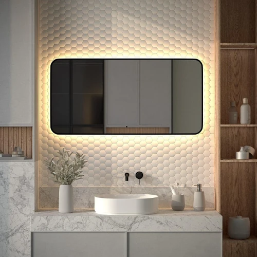 Зеркало Defesto Aura 120х60 DF 2978RH с подсветкой 34W-3000K/ИК - выключатель/Теплый белый свет/Черная рама