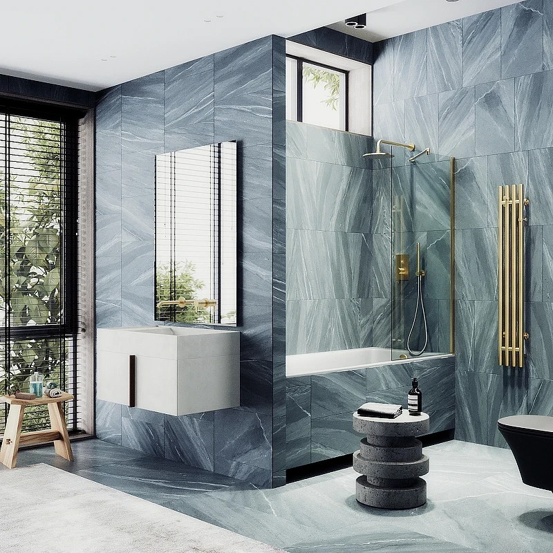 Шторка на ванну Maybah Glass MGV-61-3ш 500x1400 в широком профиле Золото стекло прозрачное