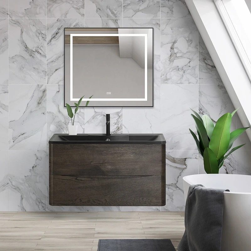 Зеркало BelBagno Kraft 88.5 SPC-KRAFT-885-785-TCH-WARM-NERO с подсветкой с подогревом Черное с сенсорным выключателем стекло