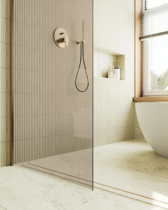 Душевая перегородка Maybah Glass MGD-1353-3ш 990х1950 в широком профиле Золото стекло бронзовое