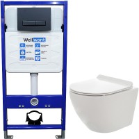 Комплект унитаза AQUAme AQM2002 с инсталляцией WellWant Standart 50 WWISI111BB с сиденьем Микролифт и Черной матовой клавишей смыва фаянс подвесной
