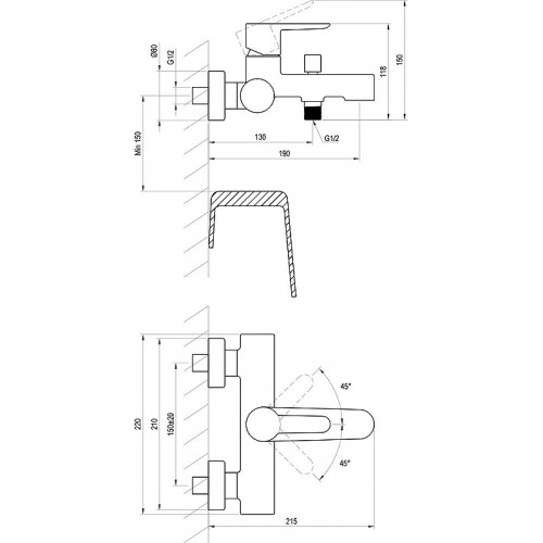 Смеситель для ванны Ravak Puri PU 022.21/150 X070192 Черный матовый латунь на стену