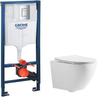 Комплект унитаза CeramaLux 2197 с инсталляцией Grohe Rapid SL 38772001 с сиденьем Микролифт и клавишей смыва Хром фаянс подвесной