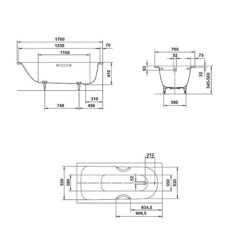 Стальная ванна Kaldewei Saniform Plus 363-1 170x70 111800013001 с покрытием Easy-clean, с ножками 581470000000