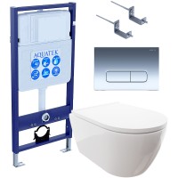 Комплект унитаза с инсталляцией Aquatek Set Aquatek Поларис-016 4в1 с сиденьем Микролифт и клавишей смыва Хром глянцевый фарфор подвесной