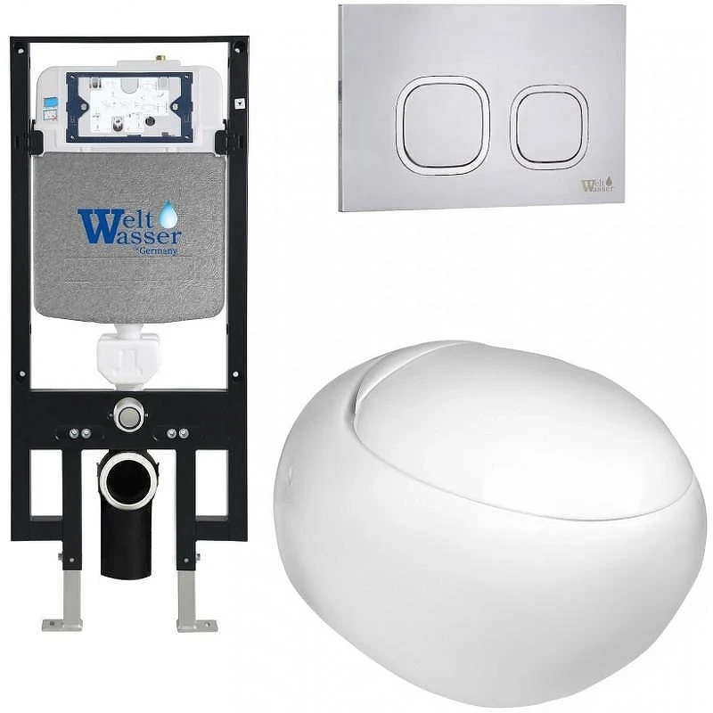 Комплект унитаза с инсталляцией WeltWasser AMBERG 497 + JECKENBACH 004 GL-WT + AMBERG RD-MT CR 10000006625 цвет Белый глянцевый с сиденьем Микролифт и клавишей смыва цвет Хром матовый