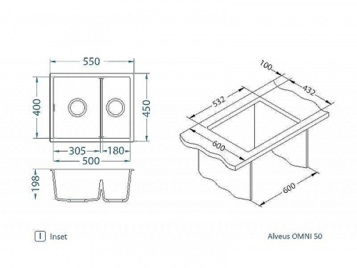Кухонная мойка Alveus Granital Omni 50 Carbon G91 550x450x198 1150069 Черная