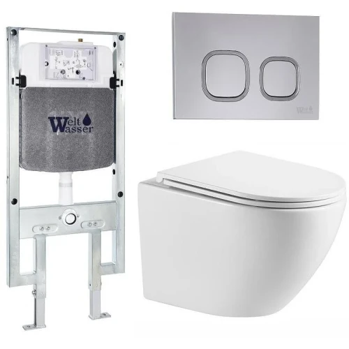 Комплект унитаза с инсталляцией WeltWasser AMBERG 497 ST + MERZBACH 043 MT-WT + AMBERG RD-CR 10000011416 цвет Белый матовый с сиденьем Микролифт и клавишей смыва цвет Хром