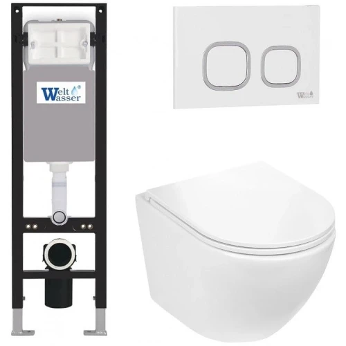 Комплект унитаза с инсталляцией WeltWasser AMBERG 350 + MERZBACH 043 GL-WT + AMBERG RD-WT 10000012377 цвет Белый глянцевый с сиденьем Микролифт и клавишей смыва цвет Белый