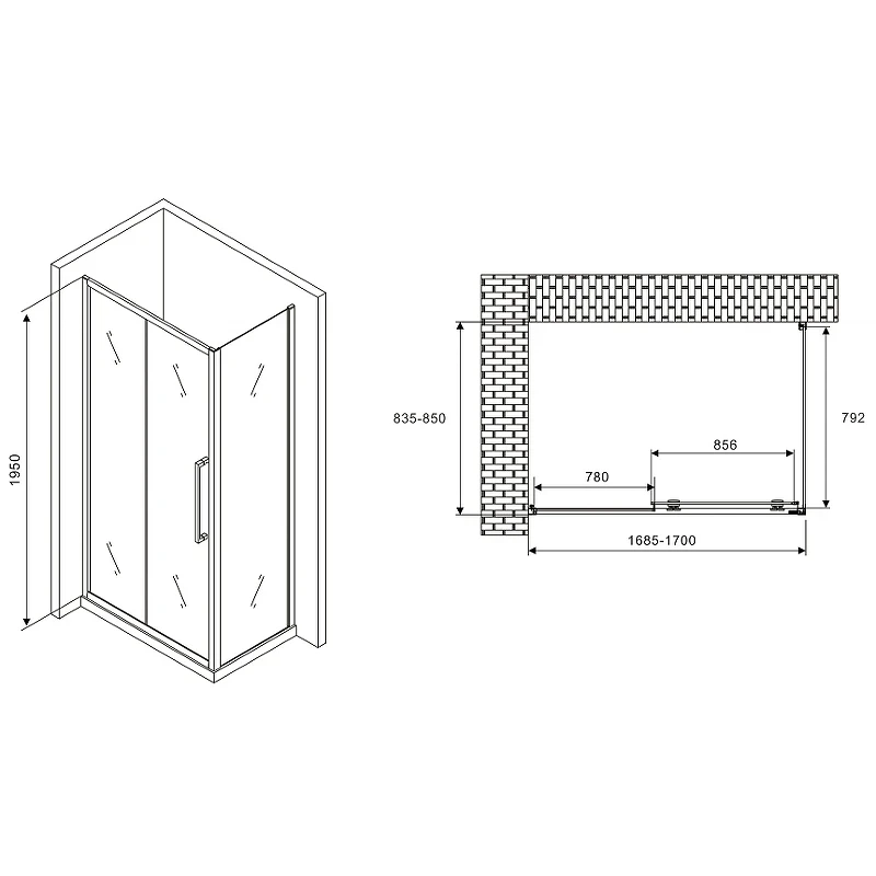 Душевой уголок Abber Schwarzer Diamant 170x85 AG30170H-S85 профиль Хром стекло прозрачное