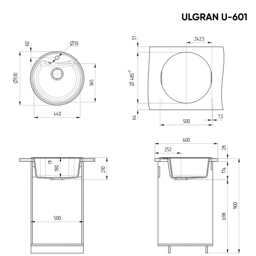 Кухонная мойка Ulgran Classic U-601-344 Ультра-черная искусственный камень (литьевой мрамор) встраиваемый