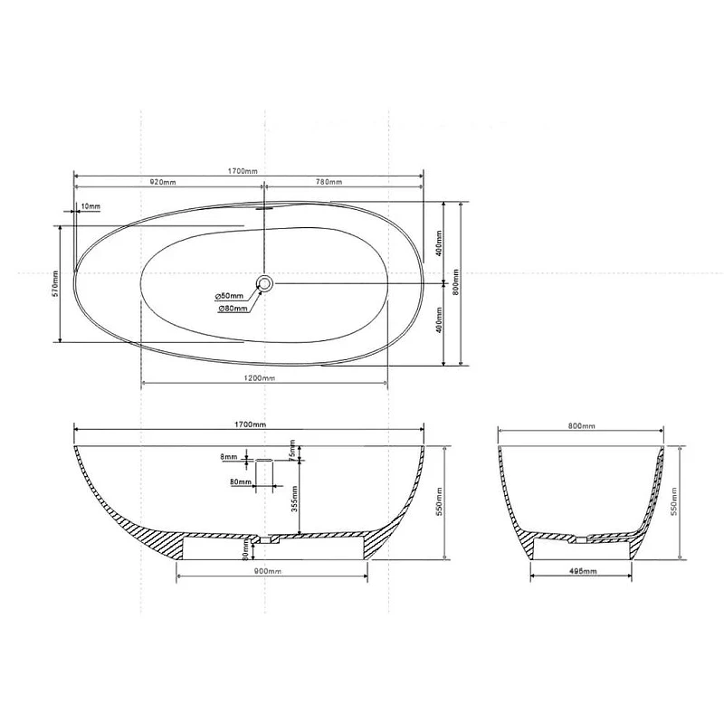 Ванна из искусственного камня Abber Stein 170x80 AS9611NM-1.7 Без гидромассажа