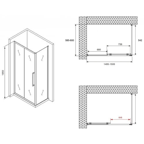 Душевой уголок Abber Schwarzer Diamant 150x60 AG30150H-S60 профиль Хром стекло прозрачное