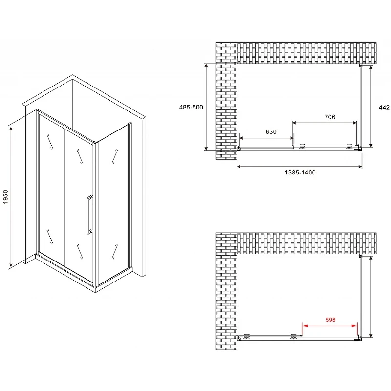 Душевой уголок Abber Schwarzer Diamant 140x50 AG30140H-S50 профиль Хром стекло прозрачное