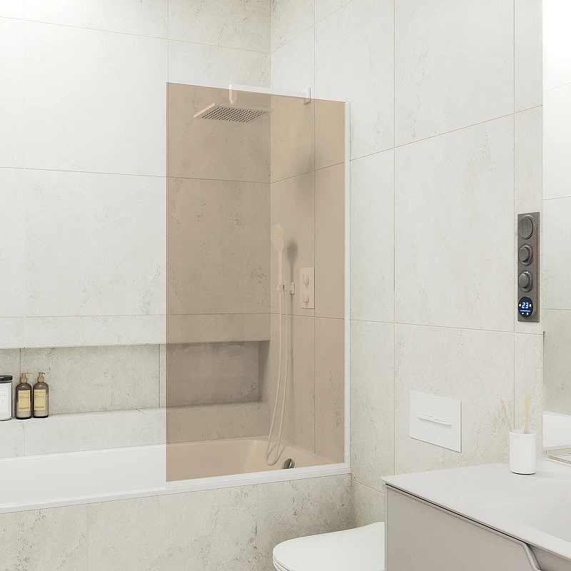 Шторка на ванну Maybah Glass MGV-71-1у 900x1400 в узком профиле Белый стекло бронзовое