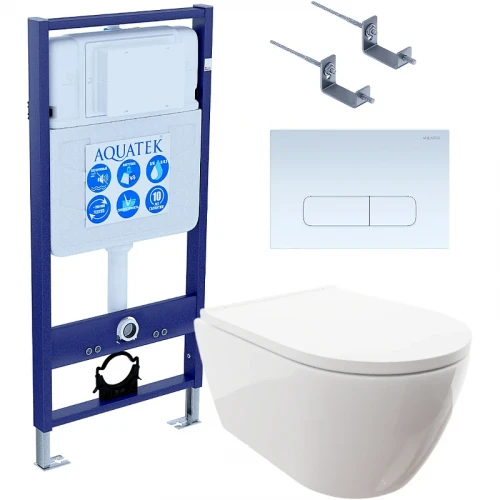 Комплект унитаза с инсталляцией Aquatek Set Aquatek Поларис-013 4в1 с сиденьем Микролифт и Белой клавишей смыва фарфор подвесной
