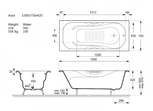 Чугунная ванна Vinsent Veron Aura 150x75 VAU1507542H/VH0015CH-AS цвет Белый с дугообразными хромированнами ручками и антискользящим покрытием