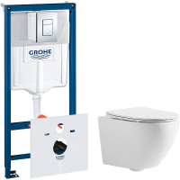 Комплект унитаза CeramaLux 2197 с инсталляцией Grohe Rapid SL 38775001 с сиденьем Микролифт и клавишей смыва Хром фаянс подвесной
