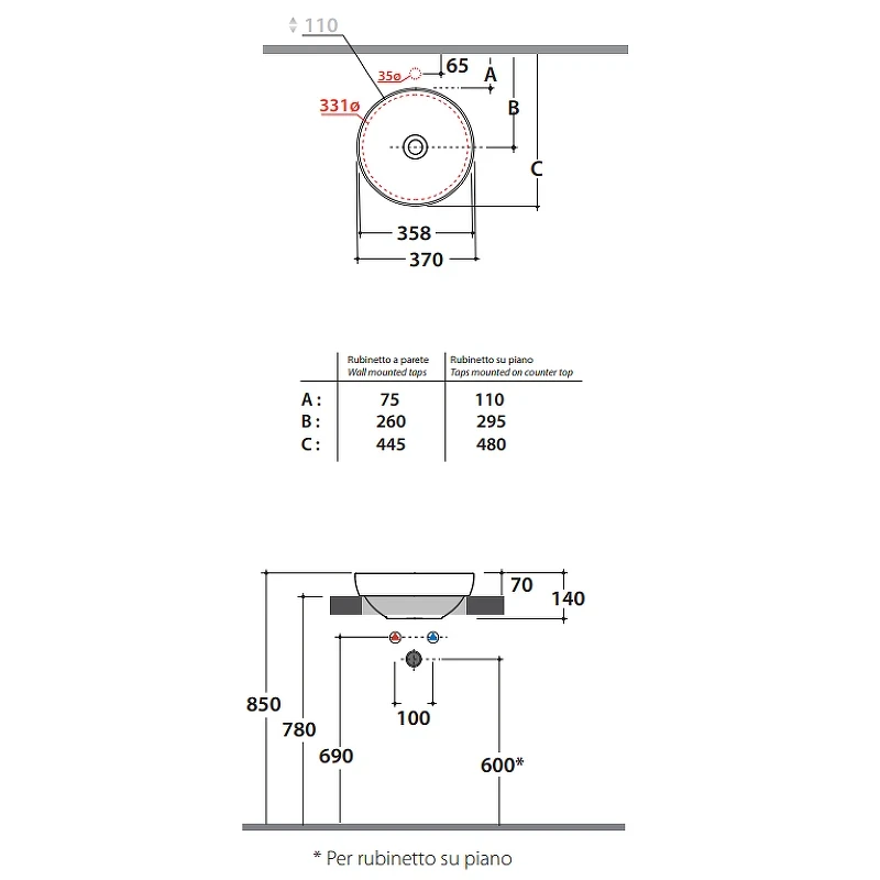 Раковина-чаша Globo T-Edge 37 B6T38.BI*0 Белая фарфор накладная