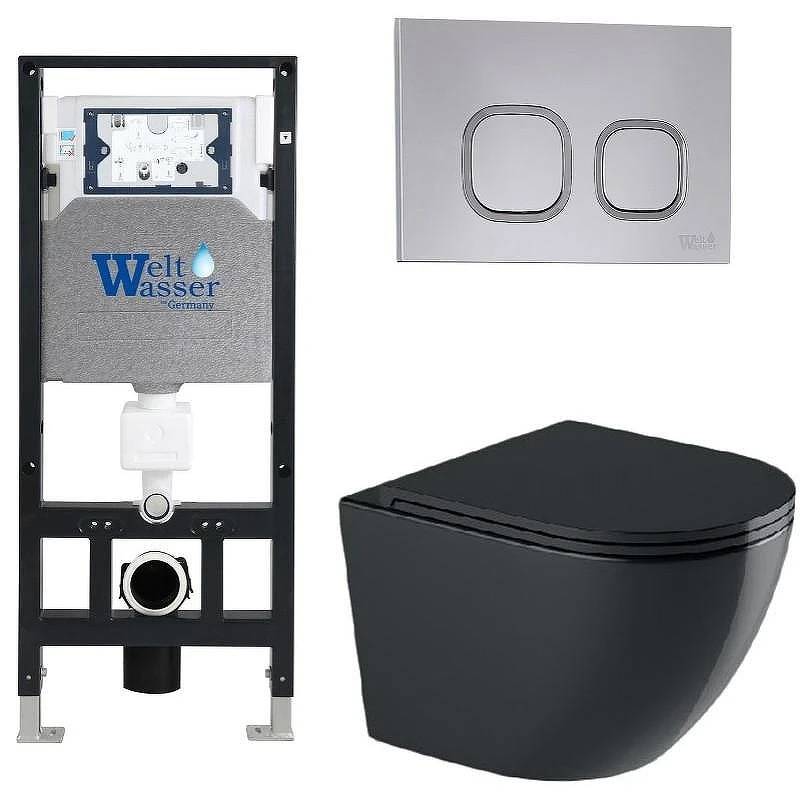 Комплект унитаза с инсталляцией WeltWasser AMBERG 506 + MERZBACH 041 XL MT-BL + AMBERG RD-CR 10000010949 цвет Черный матовый с сиденьем Микролифт и клавишей смыва цвет Хром