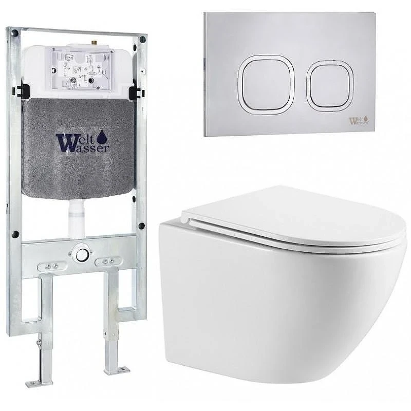Комплект унитаза с инсталляцией WeltWasser AMBERG 497 ST + MERZBACH 043 MT-WT + AMBERG RD-MT CR 10000011417 цвет Белый матовый с сиденьем Микролифт и клавишей смыва цвет Хром матовый