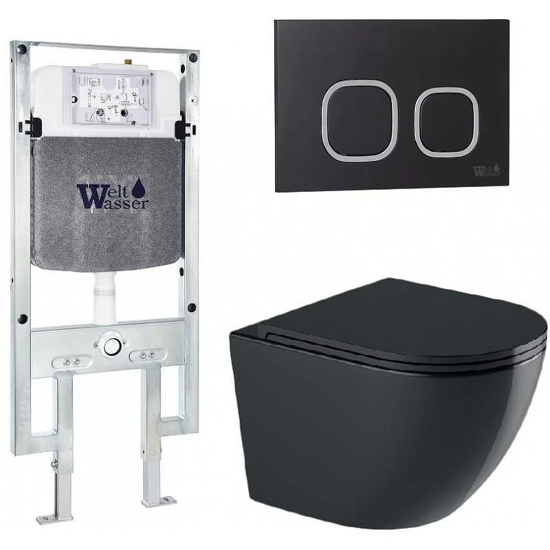 Комплект унитаза с инсталляцией WeltWasser AMBERG 497 ST + MERZBACH 043 GL-BL + AMBERG RD-BL 10000012181 цвет Черный глянцевый с сиденьем Микролифт и клавишей смыва цвет Черный