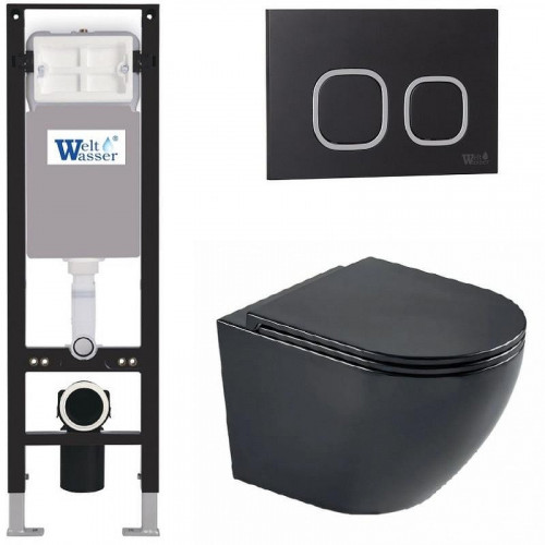 Комплект унитаза с инсталляцией WeltWasser AMBERG 350 + MERZBACH 043 MT-BL + AMBERG RD-BL 10000012379 цвет Черный матовый с сиденьем Микролифт и клавишей смыва цвет Черный
