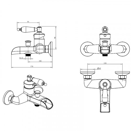 Смеситель для ванны Boheme Vogue 213-BLC Золото латунь на стену
