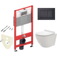 Комплект унитаза AQUAme AQM2002 с инсталляцией Tece Now 9400414 с сиденьем Микролифт и Черной матовой клавишей смыва фаянс подвесной