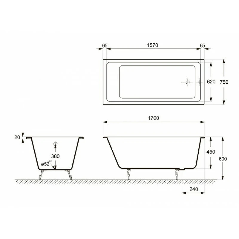 Чугунная ванна Delice Level 170x75 DLR230602-AS без отверстий под ручки с антискользящим покрытием