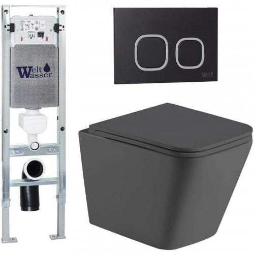 Комплект унитаза с инсталляцией WeltWasser AMBERG 350 ST + GELBACH 043 MT-GR + AMBERG RD-BL 10000012010 цвет Серый матовый с сиденьем Микролифт и клавишей смыва цвет Черный