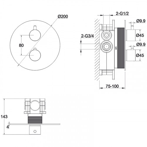 Смеситель для душа Whitecross Y black Y1236BL с термостатом Черный матовый латунь встраиваемый