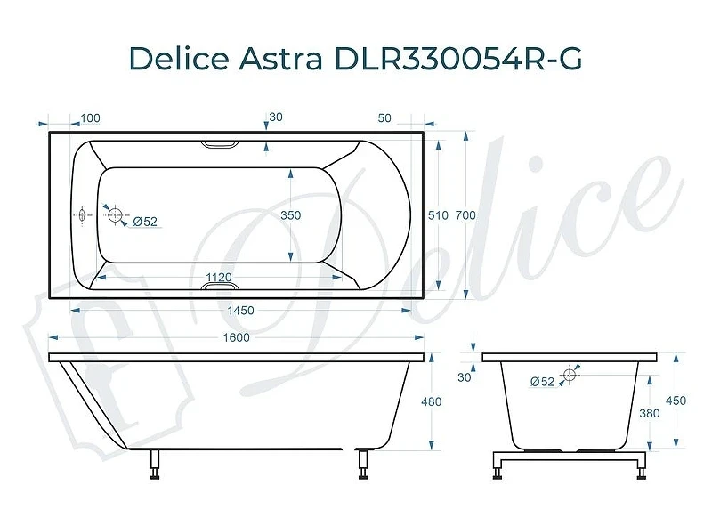 Ванна из искусственного камня Delice Astra 160х70 DLR330054R-G цвет Белый глянцевый с ручками Хром