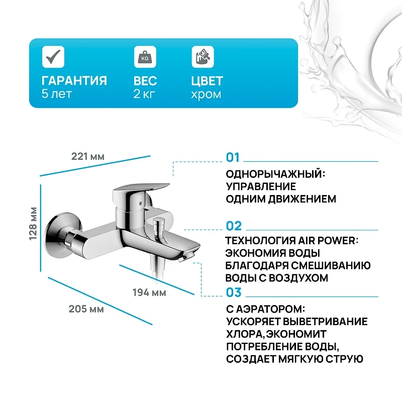 Смеситель для ванны Hansgrohe Logis 71400000 Хром латунь на стену