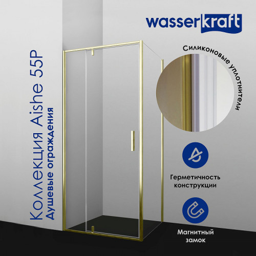 Душевая стенка WasserKRAFT Aisch 80 55P06-RP80 профиль Золото матовое стекло прозрачное