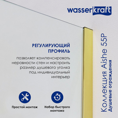 Душевая стенка WasserKRAFT Aisch 80 55P06-RP80 профиль Золото матовое стекло прозрачное